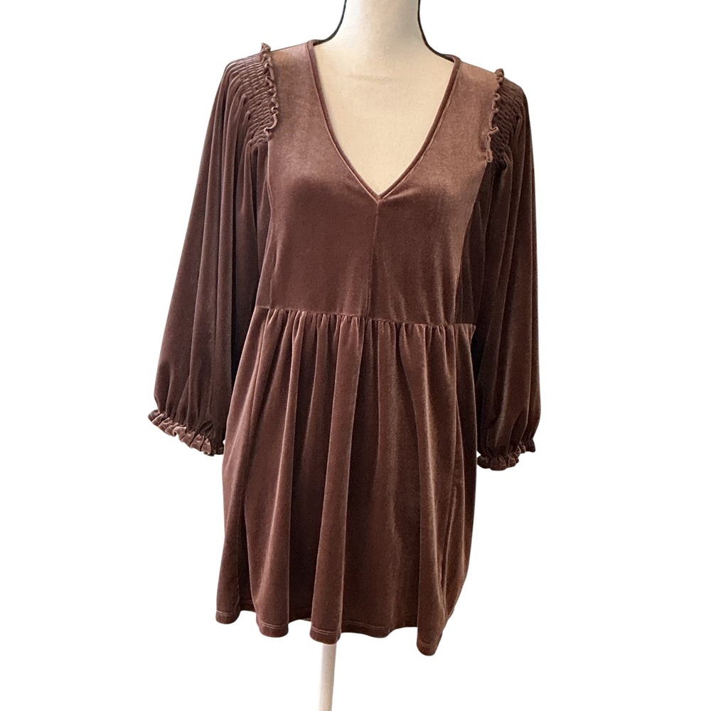 Umgee Brown Velvet Babydoll Mini Dress V-Neck Smocked Pockets XL WA0325 - Picture 5 of 14